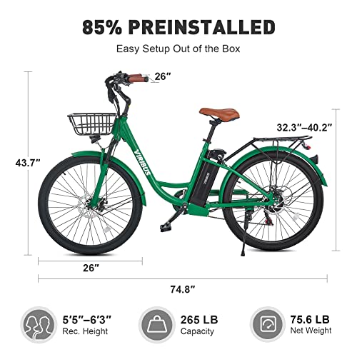 Viribus Electric Bike For Adults, 26" 500W 48V Pedal Assist City Ebike With Basket, Rear Rack, Shimano 7 Speed Shifter, Front Suspension For Women, 20Mph Electric Cruiser Bicycle Aluminum, Green #TOP7
