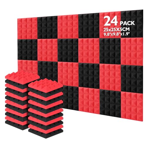 AGPtEK Acoustic Foam Tiles, 24 Packs Soundproof Studio Foams 25x25x5CM Red and Black Pyramid Acoustic Panels Home Studio Sound Treatment, for Recording Studio