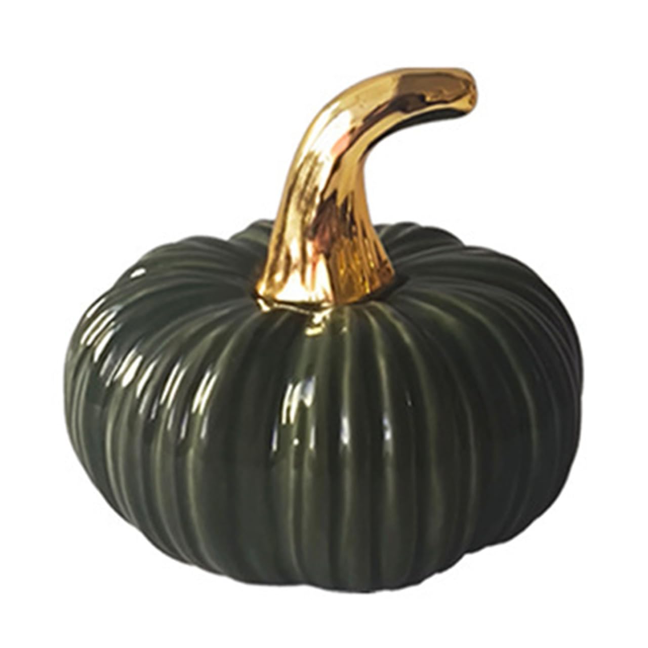 Cabilock Ceramic Pumpkin Ornament, Green with Gold Stem, Autumn Table Decor