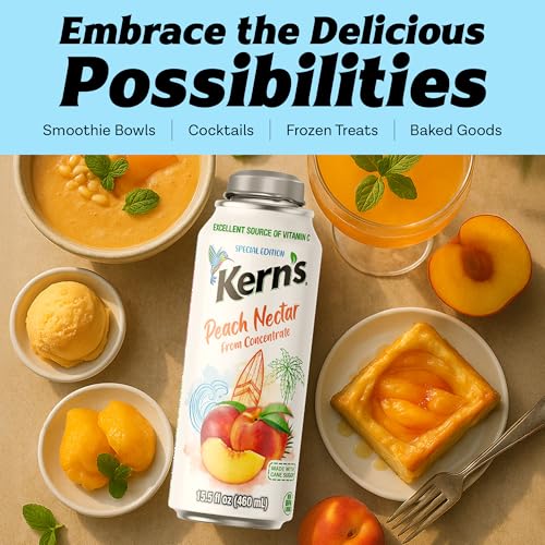 Image of Kern's Peach Nectar Lata Botella - Made with Fresh Fruit Puree & Peach Juice Concentrate for Fruit Smoothie Mix, Cocktail Mixers & Kids Beverages - 15.5oz, 12 Pack Resealable Juice Bottles