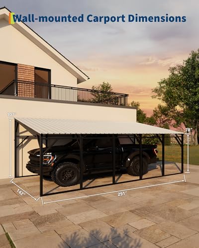 Image of Garvee 12x25x9 ft Lean-to Metal Carport, Wall-Mounted Car Port | Vertical Roof with 11.5 Slope / Heavy-Duty 19-Ga. Steel Frame / 107 inch to 78 inch Height Clearance for SUV & Pickup