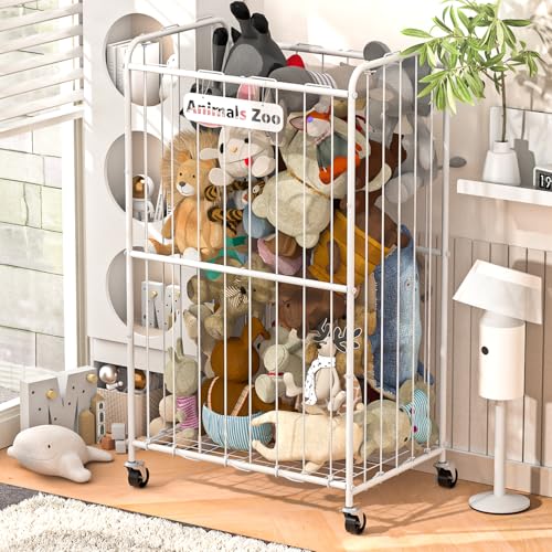 YKDIRECT 210L Stuffed Animal Organizer Plush Toy Storage Basket with Wheels, Metal Frame and Elastic Cord Design