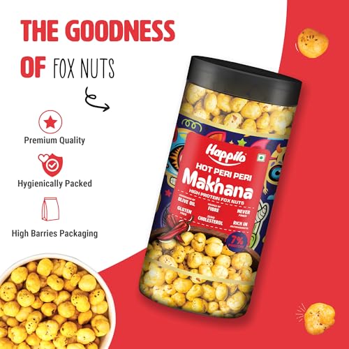 Image of Happilo Premium Makhana Superhot Peri Peri Jar 80g | Roasted Foxnuts, Phool Makhana | Healthy Snacks | Low Calorie, Vegan & Spicy