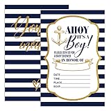 UDNADKEX Baby Shower Invitations for Boy Nautical with Envelopes, Invites for Baby Showers Party Anchor Navy Blue Stripes, Ahoy It's A Boy, 4'x6' Set of 20