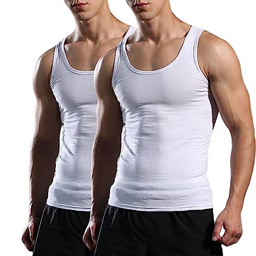 Opomelo Men's 2 Pack Cotton Tank Top Workout Gym Crew Neck Undershirts Bodybuilding Sleeveless T Shirt White/White #TOP19