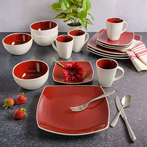 Gibson Soho Lounge Square Reactive Glaze Stoneware Dinnerware Set, Service For 4 (16Pc), Red/White #TOP5