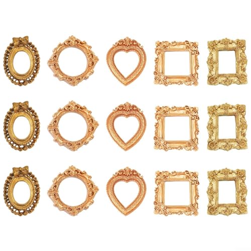 Juego de 15 marcos de fotos vintage en tono dorado con contornos cuadrados rectangulares ovalados para sala de estar, dormitorio, paredes decorativas y uso artesanal