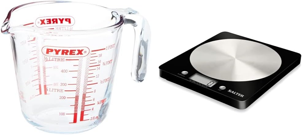 Salter 1036 BKSSDR Disc Electronic Scale, Seen on TV, Stylish Slim Design, Measures Liquids & Fluids, 5 KG Max Capacity Black/Chrome & Pyrex P586 Measuring Jug, 500 ml
