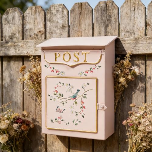 Image of Mailbox Wall Mount Mailboxes for Outside Vintage Mail Boxes for House Outside Metal Drop Box Antique Style Nostalgic Charm Home Decorative, Flower Pattern, Pink