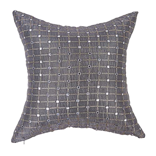 Image of Embroidered Cushion Covers 16x16 inches Set of 2 | Grey Sofa Cushion Covers 16 inch 1Decorative Pillows with Mirror and Sequins Embroidery | Grey Beaded Cushion Covers