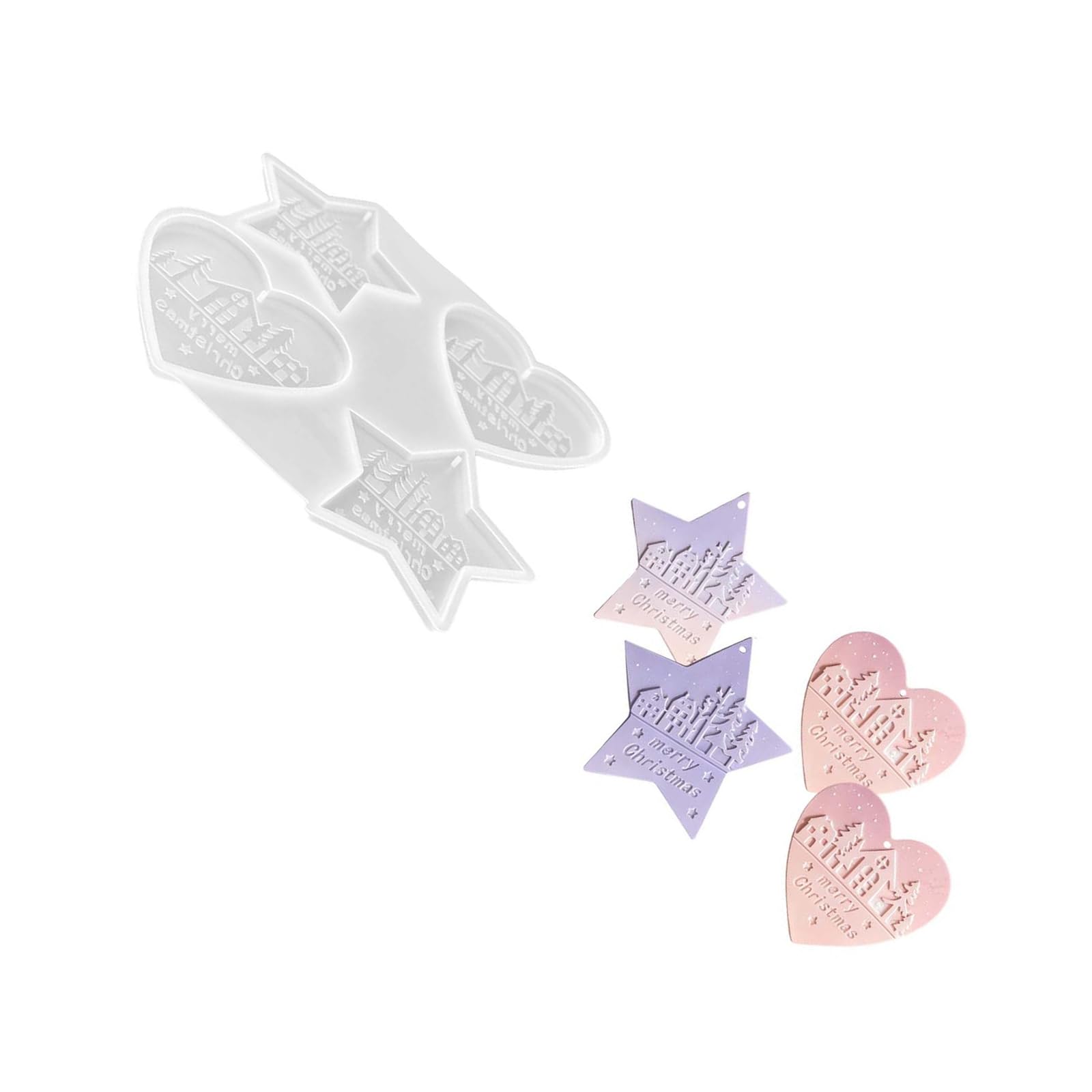 fexxkg Christmas Ornament Silicone Mold for Holiday Decor, Four Cavity Star and Heart Casting Form for Resin and Plaster Projec