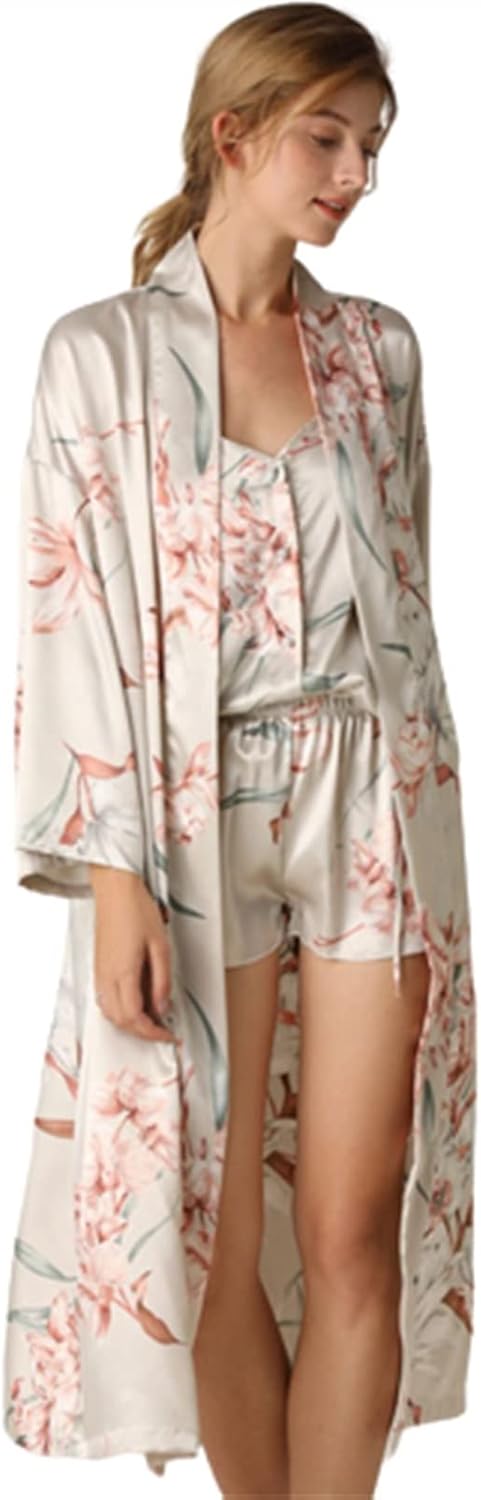 jianchi Women Kimono Bathrobe Sexy Sleepwear Silky Nightgown Ice Silk Suspender Shorts Robe Suit Lace-up Gown Sexy Loungewear (Size : L/Large)