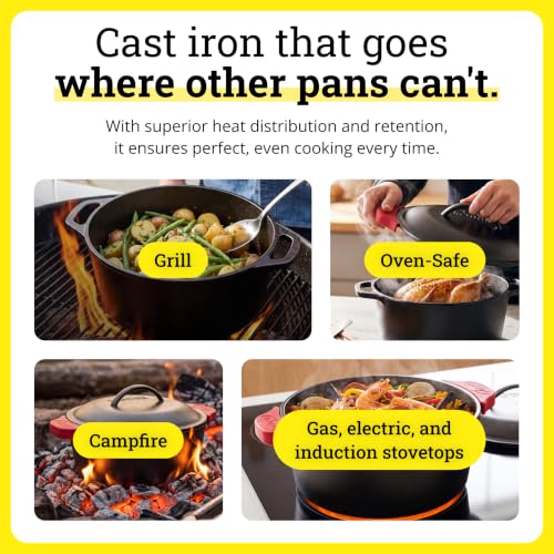 Image of Lodge Cast Iron Dutch Oven 5 Quart - Loop Handle Cooking Vessel - Even Heat Retention - Oven-Safe, Versatile Pot - Handle Holders Included