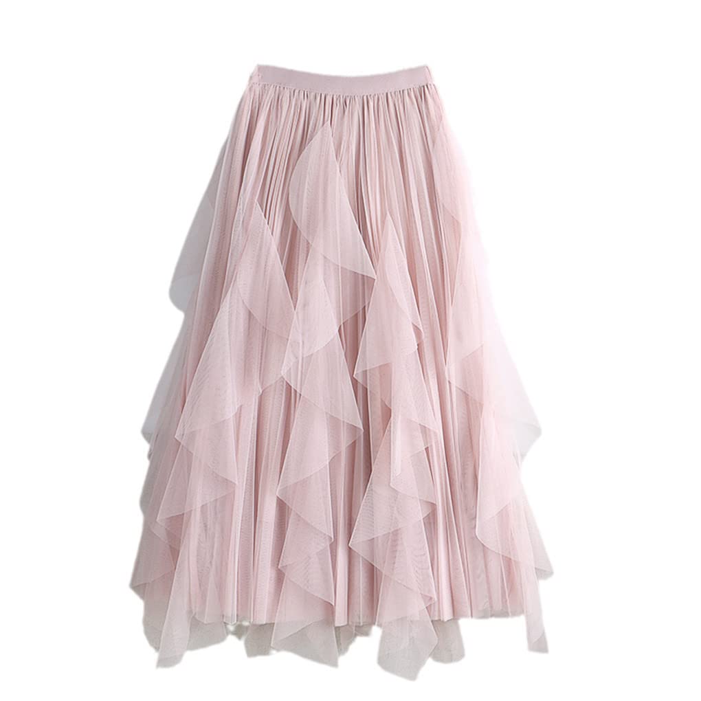 Dninmim Gonna in tulle irregolare retrò a vita alta gonna plissettata beige balletto, rosa, Taglia unica