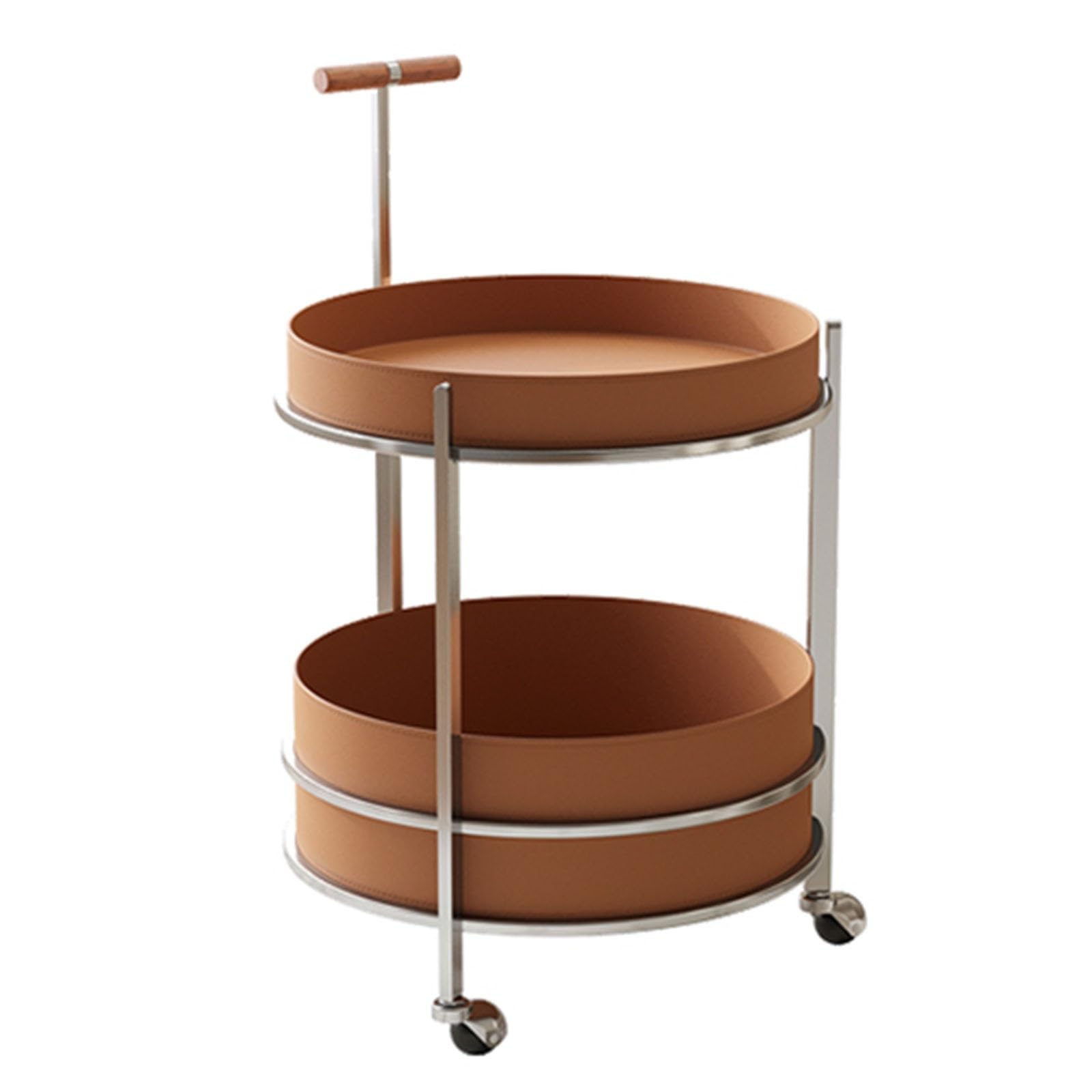 Mesa Auxiliar Redonda de 2 Niveles, Mesa de Centro para sofá con asa y Ruedas, Acabado en Cuero Color Silla de Montar, mesita de Noche, para Sala de Estar o Dormitorio (marrón).