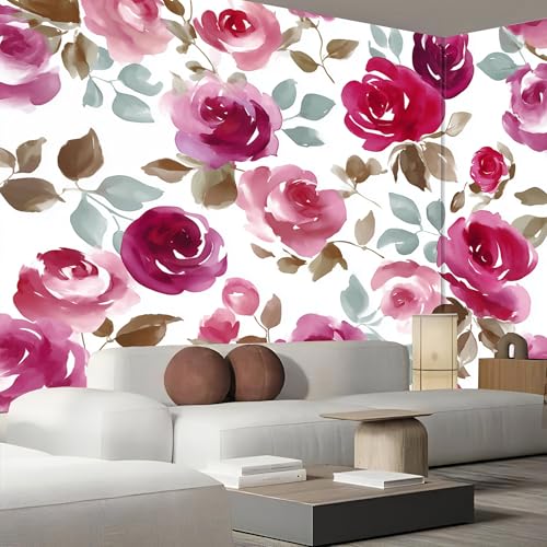 Papel Pintado 3D de Rosas Rojas Burdeos 150x105cm Mural de Acuarela 3