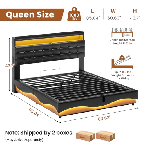 Image of ADORNEVE Lift Up Storage Queen Bed Frame with Type-C Charging Station& Hidden Storage Headboard, LED Lights Upholstered Platform Bed,Queen Bed with Hydraulic, No Box Spring Needed,Black