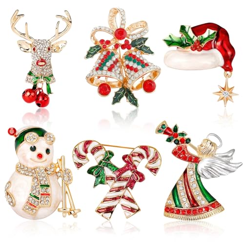 Image of 6 Pieces Merry Christmas Pins Brooch, Rhinestone Crystal Christmas Pin Enamel Christmas Bells Elk Snowmen Lollipop Brooch Christmas Decoration Ladies Holiday Gift Jewelry Party