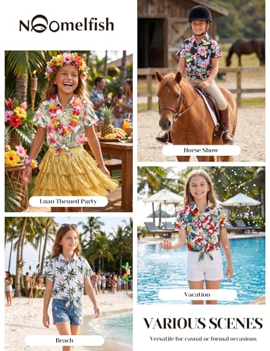 Image of Noomelfish Girls Tie Front Hawaiian Shirt Summer Floral Tropic Short Sleeve Button Down Tops (5-14 Years)