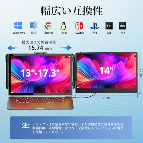 BottHealth 14インチ ノートパソコン デュアルモニター ダブルモニター デュアルディスプレイ セカンドディスプレイ 13~17.3インチ ノートパソコン用 FHD 1080P IPS液晶パネル ポータブル 180°回転 Windows/Mac/Android/Switch/PS5に適用 の商品画像 3
