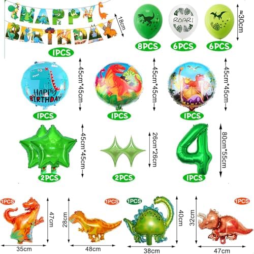 Dinosaur 3rd Birthday Party Decorations for Boys Girls, Foil Green Star Number 3 Dinosaur Balloons with Happy Birthday Banner Hanging Swirls for Dino Party Supplies