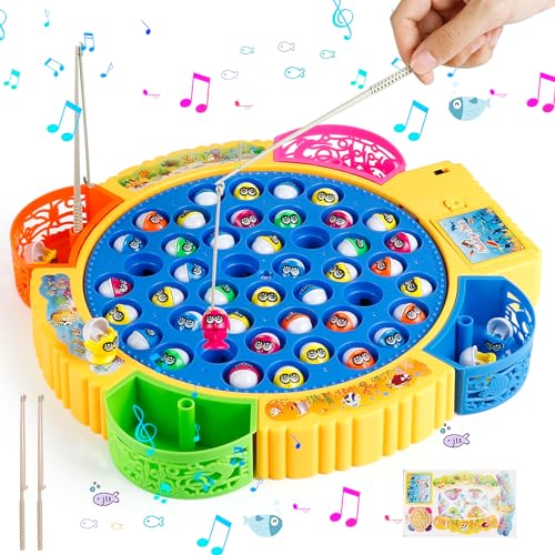 Euakee Juguete de Pesca Eléctricos, Juego Pescar Peces Musical con 45 Peces y 4 Tiras de Caña de Pescar Juguetes Educativo Montessori Juego de Pesca Mesa para Niños 2 3 4 5 6 Años Regalo para Niños