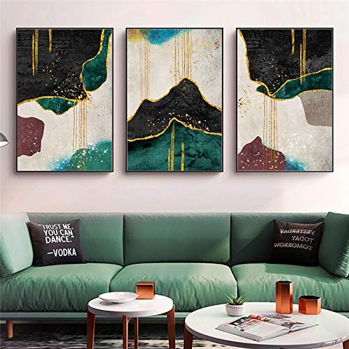 Tableau abstrait vert et or en lot de 3 toiles modernes pour salon sans cadre 50x70 cm