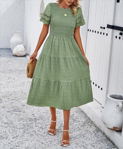 Image of Sumleno 2026 Women's Summer Midi Dresses Short Sleeve Smocked Tiered Dress Vacation Beach Wedding Guest Elegant Boho Sundress