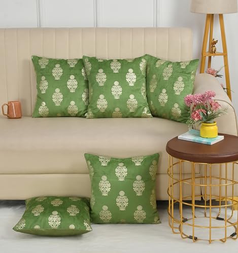 Image of DEVSANG Foil Velvet Cushion Covers 24 inch x 24 inch Set of 5 pc, Green