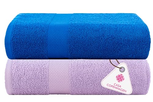 Image of Casa Copenhagen, Super Soft Feather Lite Collection 2 Pieces 100% Cotton Large Bath Towel (Size : 75 x 150 cm) - Electric Blue & Purple Rose