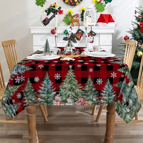 Christmas Tablecloth 60x84 Inches for Rectangle Tables - Christmas Tree Decor for Table - Water Resistant Plaid Xmas Table Cloth, Red Party Decorations for Kitchen, Home – Image 7