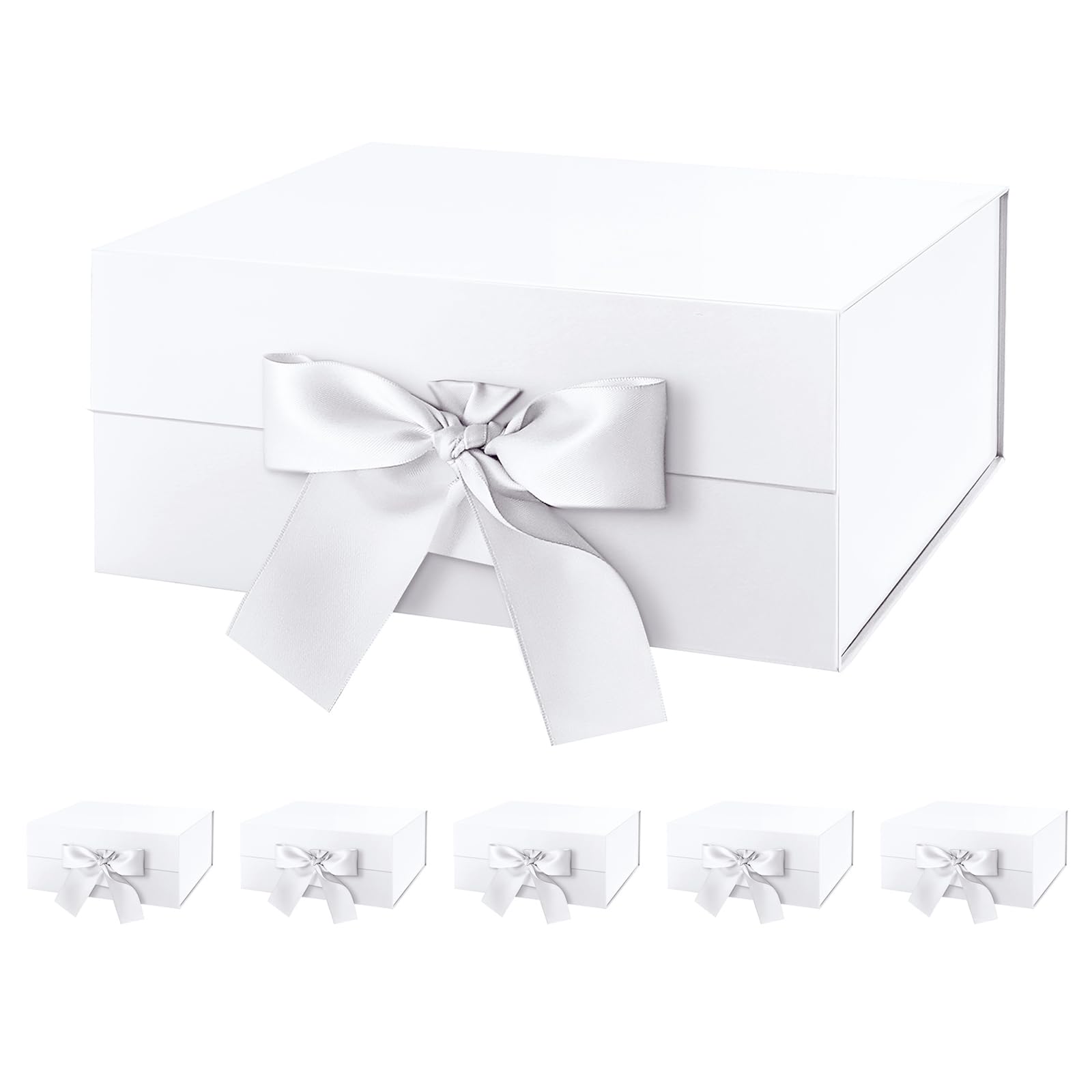 PKGMAGIC 6 Geschenkboxen mit Schleife, 22,8 x 16,5 x 9,6 cm, weiße Geschenkboxen mit Deckel und Band, Geschenkboxen von Lady d'Ehren, magnetische Geschenkboxen für Geschenke