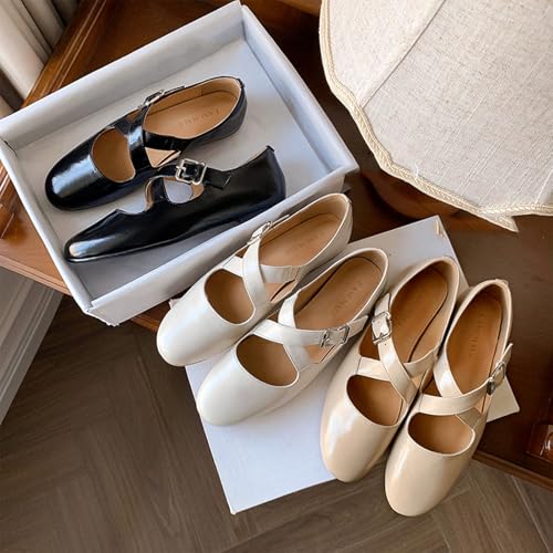 Leather Ballet Flats for Women, Closed Round Toe Mary Jane Flats, Cross Buckle Strap Slip On Casual Dressy Shoes2