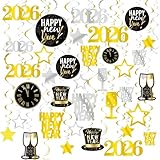 GOER 2018 New Year Party Decorations 31 Pcs Hanging Swirl and Celebration Card,Gold and Black Party Supplies for 2018 New Year Decorations