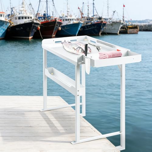 Professional Dock Mounted Fish Fillet Table 38.6 Large HDPE Cleaning Station with Heavy Duty Steel Frame Tool Trays & Integrated Drainage for Docks & Marinas (40 Tall Ergonomic Design)
