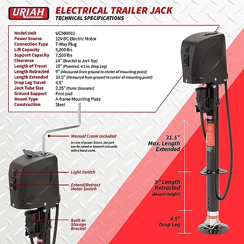 Uriah Products UC500010 5000 Lbs Trailer Jack, 12 Volt 7 Way Connector Rv Stabilizer Electric Jack thumb #3