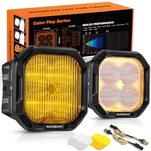 Auxbeam Color Play Series SAE Fog Lights, No Brackets Included, 3 Inch 100W Offroad LED Pods, Amber White DRL & Turn Signal, Dual Color Lens Covers, for Ford Honda Nissan Subaru Acura Lexus