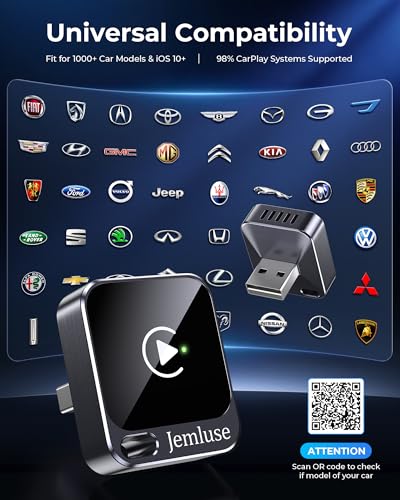Image of Jemluse Wireless CarPlay Adapter for Apple - Mini Size, Fast Stable Connection Convert Wired to Wireless Car Play Dongle for iPhone iOS 10+, Plug & Play for Cars from 2016+ w /USB-C (Grey)