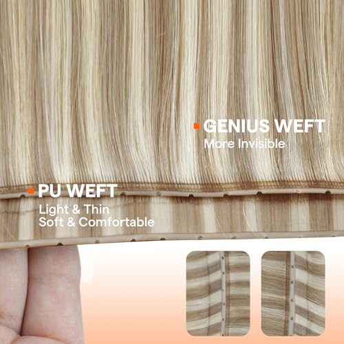 Image of Full Shine Butterfly Weft Hair Extensions 22 Inch 100g | Blonde Highlights Dark Blonde, Micro Bead Double Weft, PU Hole Design, Remy Straight Hair Feel, Seamless Blend Solution