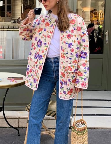 Yimoon Women's Quilted Puffer Jacket Lightweight Floral Print Padded Coat Open Front Puffy Cardigan Outwear(Purple-L)2