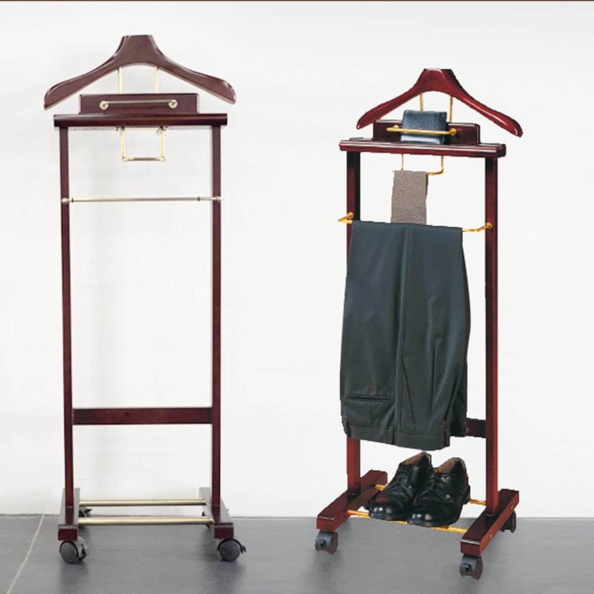 Portable Rolling Wooden Suit Rack with Pants Bar Tie & Belt Hooks - Multi-Functional Garment Hanger & Coat Stand for Home & Office nization