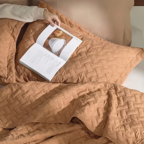 Image of Bedsure Quilts Queen Size - Lightweight Bedspreads Queen Size with Basket Weave Pattern, Soft Quilt Bedding Set, Hazel Brown Comforter Set Coverlet for All Seasons with 2 Pillow Shams (90 inch x 96 inch)