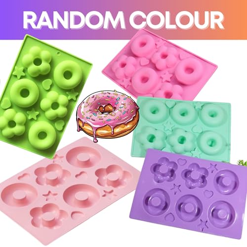 Image of PureBake Silicone Donut Mould Tray for Baking, 6 Cavity, Round & Flower Shape, Non Stick, Mini Cake Pan for Fondants Donuts, Chocolate & Desserts, Random Color, Pack of 1