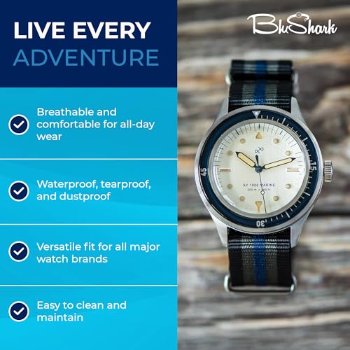 Image of BluShark - Original Collection Military-Style Waterproof Watch Strap, Fits All Timepiece Brands, Durable Nylon Wristwatch Accessories with Stainless Steel Buckle - 18mm, 20mm, 22mm & 24mm Watch Bands