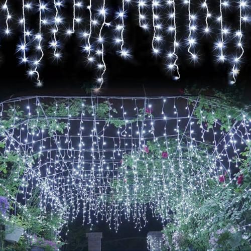 YEGUO 400 LED Icicle Lights Outdoor Waterproof, 33ft 80 Drops Icicle Christmas Lights Connectable, 8 Modes White Icicle Xmas Lights with Memory for Indoor Wedding Party Fireplace Home Curtain Decor