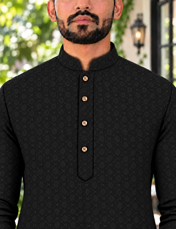 Image of Men's Lakhnawi Chikankari Kurta Set Cotton Ethnic Kurta Pajama for Men Wedding Festive Designer Indian Outfit Stylish Embroidered Kurta Set