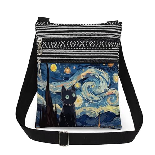 Starry Cat Adjustable Shoulder Strap Crossbody Bag Van Gogh's oil painting with Black Cat Print for Cat Lover Daily Use Messenger Bag Birthday Gift Christmas Present​​ for Friend Sister