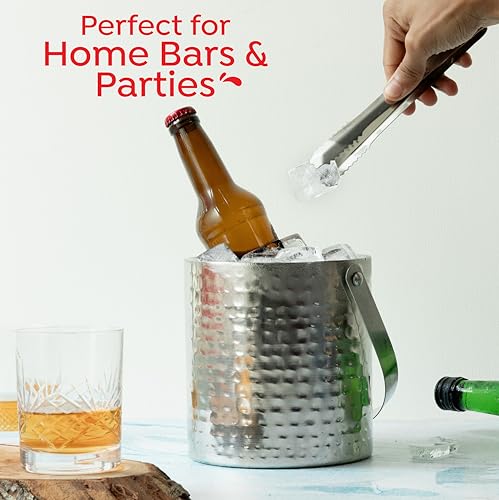Image of Sipologie Stainless Steel Double Wall Ice Bucket with Tong [1500 ml] - Full Hammered Finish, Insulated with Lid & Handle for Home Bar & Parties