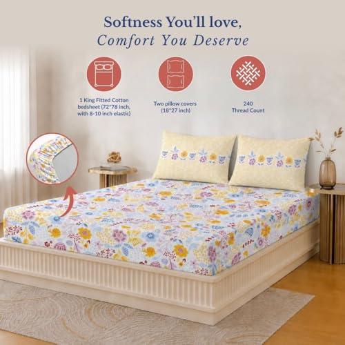 Image of Jaipur Weaves King Size Elastic Fitted Bedsheet,100% Pure Cotton King Size Fitted Bedsheet for Double Bed with 2 Pillow Covers, 240 TC, 72x78 Inches up to 8-inch Mattress, Floral(Sunny Floral Delight)