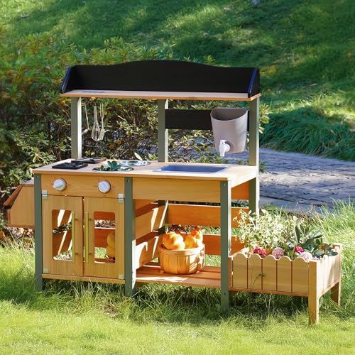 Image of ROBOTIME Mud Kitchen for Kids Outdoor, Wood Outdoor Kitchen with Insect Observation Box & Planter Box, Toddler Play Kitchen with Removable Sink & Faucet, Pretend Outdoor Playset
